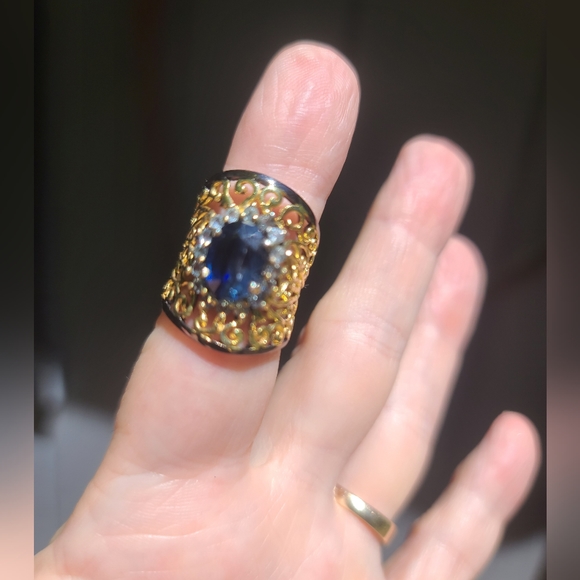 Kyanite 4k princess cut &Aquamarine Sterling Rhodium & gold finger cuff sz6 - Picture 8 of 8